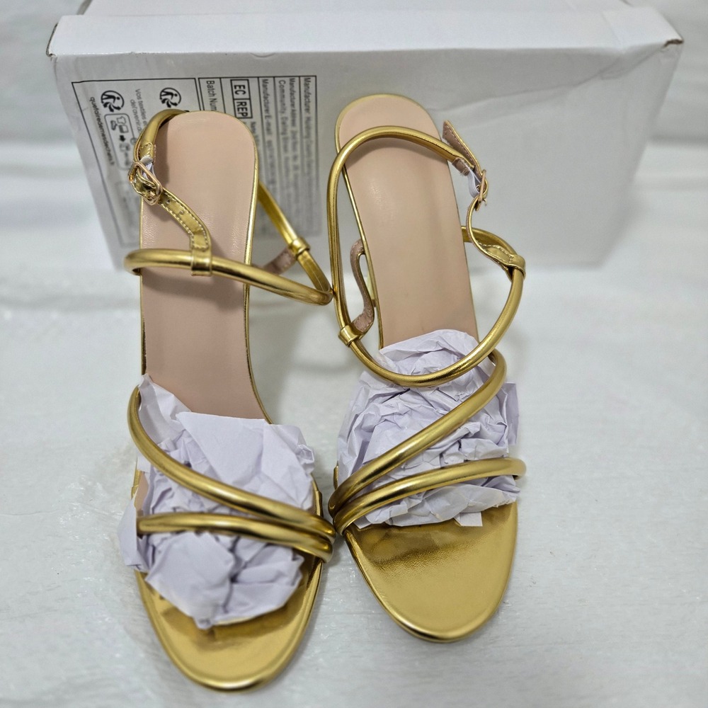 Gold Strappy Stiletto Sandals Metallic Ankle Strap Dress Heels Size 40 8886-117
